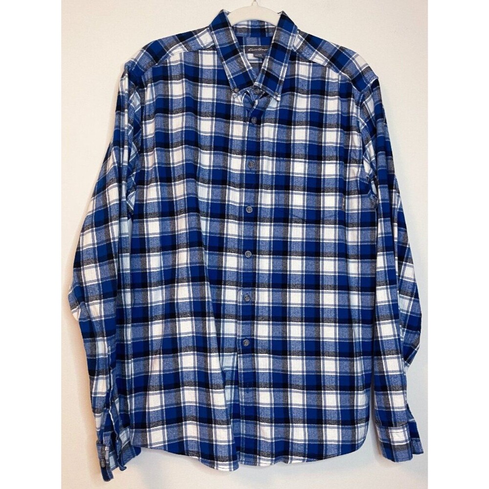 Eddie Bauer Men's TXL Blue Plaid Flannel Button Down Shirt 100% Cotton Tall Camp